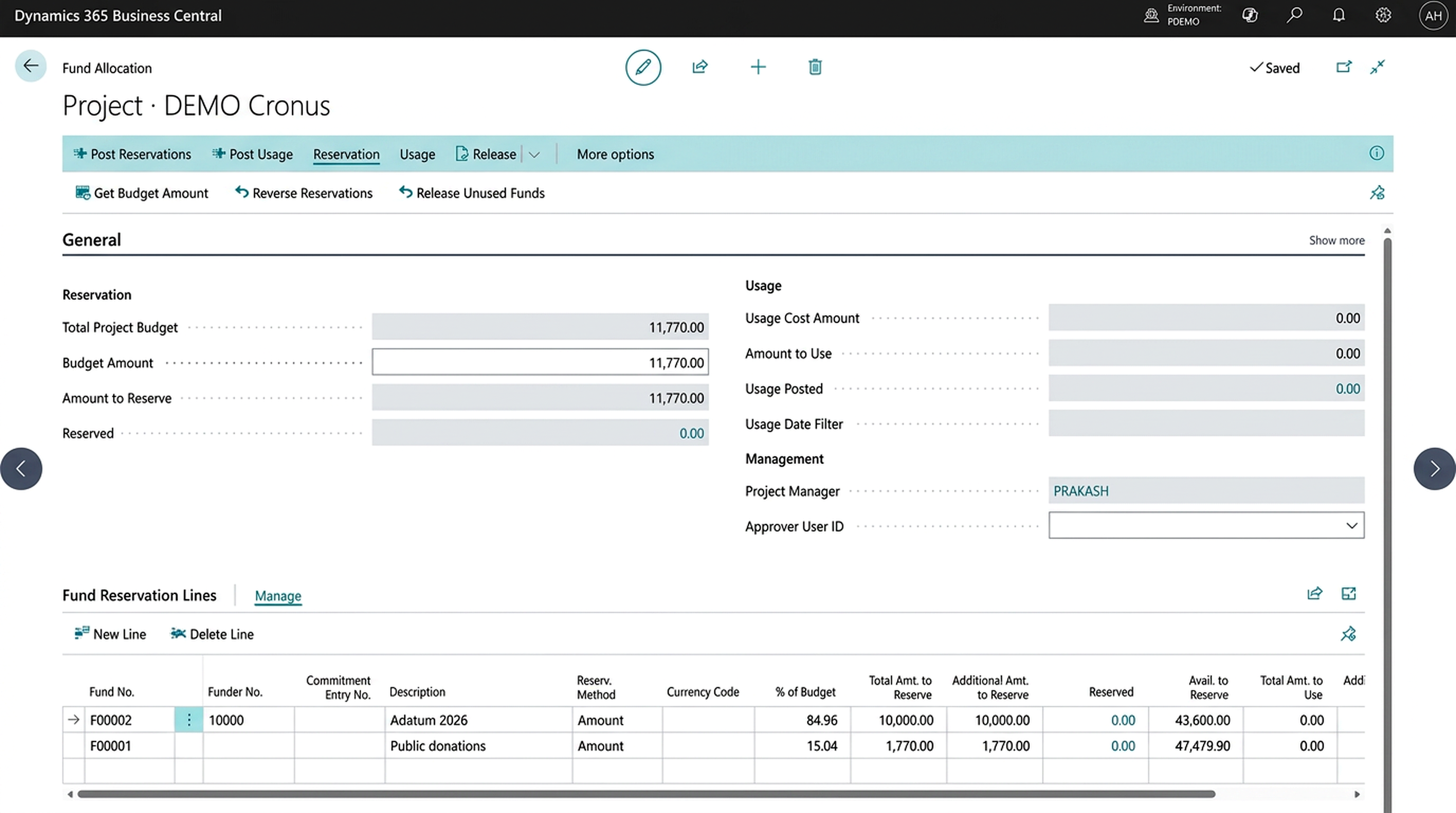 Business Central fund allocation screen for DEMO Cronus showing project budget, reservations and available funding