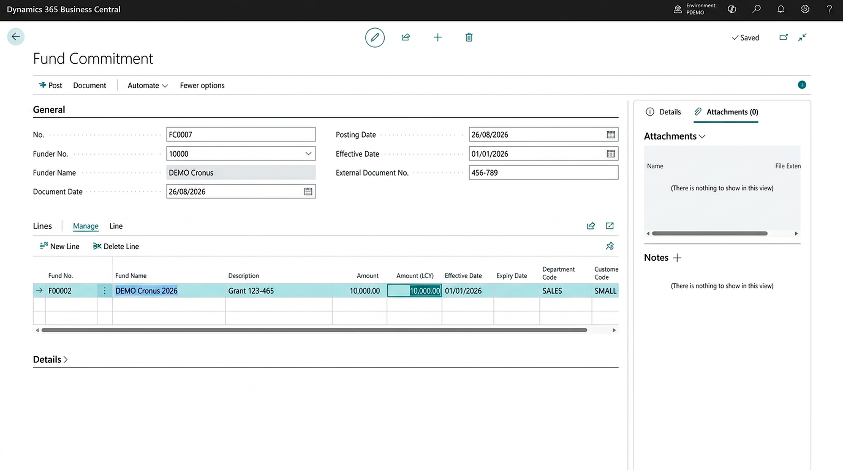 Business Central fund commitment screen for DEMO Cronus showing funder details and commitment lines
